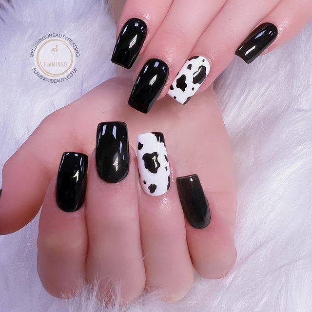Black Nails with Cow print